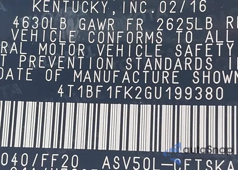 2016 Toyota Camry Le/Xle/Se/Xse from USA, damaged, VIN 4T1BF1FK2GU199380